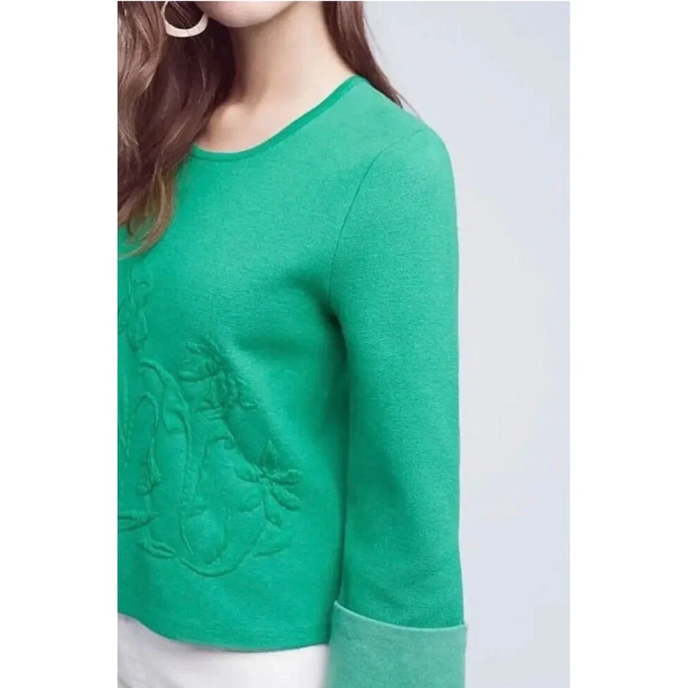 Moth Anthropologie Kelly Green Floral Embossed Cotton Blend Sweater‎ Size S Top